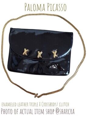 Paloma Picasso black enameled leather triple X golden chain crossbody clutch bag